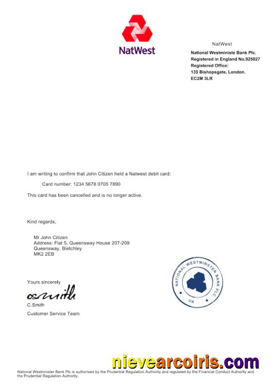 UK NatWest bank Debit Card Cancellation Confirmation Letter